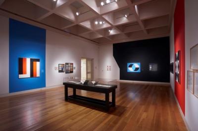Installation view of Frederick Hammersley: To Paint without Thinking at The Huntington Library, Art Collections, and Botanical Gardens
