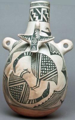 11-LOA-2018 Black-on-white ceramic jar by Michael Kanteena (Laguna) that will be on display as part of the exhibit Birds: Spiritual Messengers of the Skies. Photo Courtesy of Museum of Indian Arts & Culture