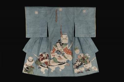 Boys Miyamairi Ceremonial Kimono with Depictions of Momotaro and Defeated Demons