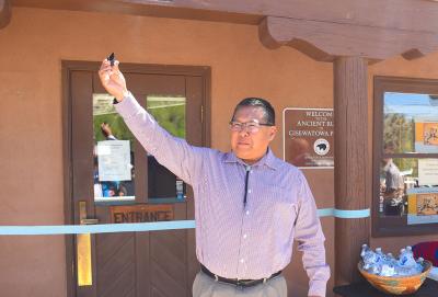 14-Jemez -Jemez Pueblo First Lt Governor Galvan prepares to cut the ribbon at Jemez Historic Site. 