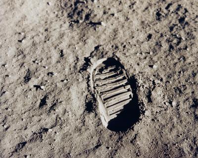 19-NMHM-2019 One of the first steps taken on the Moon, this is an image of Buzz Aldrin's boot print from the Apollo 11 mission. Neil Armstrong and Buzz Aldrin walked on the Moon on July 20, 1969. The Apollo 11 mission launched on July 16 on a Saturn V lau