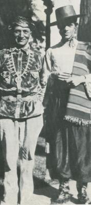 Fray Angélico Chávez and unidentified friend dressed for the Santa Fe Fiesta, Circa 1940