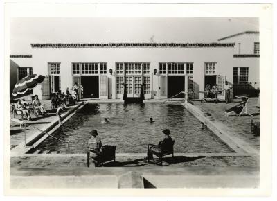 Children swimming in the pool at the Carrie Tingley Hospital for Crippled Children